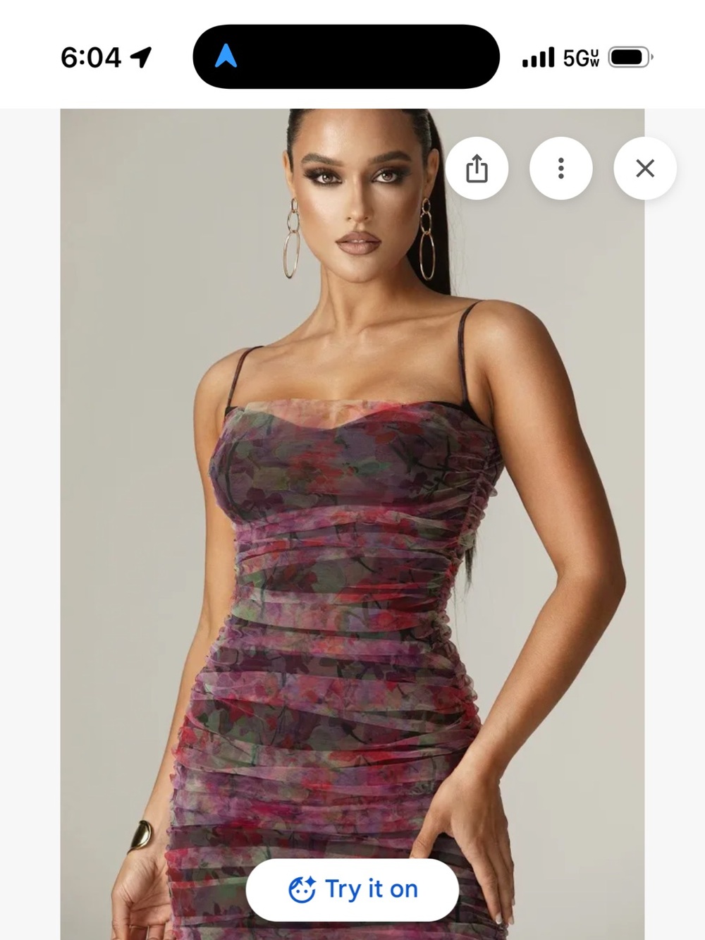 Alieva  Sheer Floral Ruched Midi Dress in Purple, Red and Green XS
